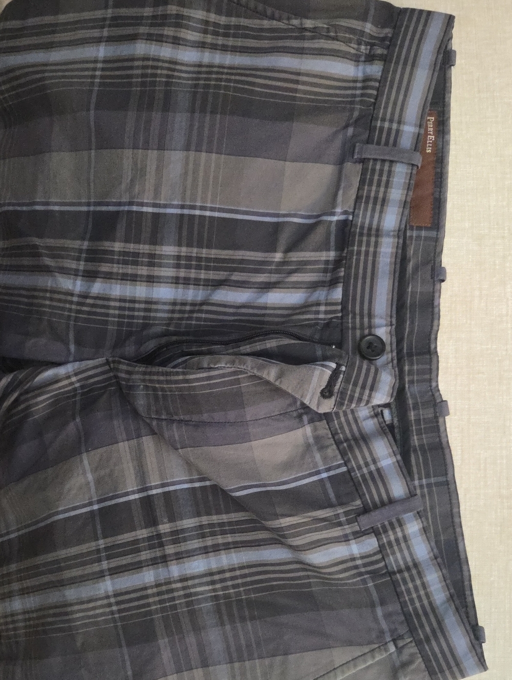 Perry Ellis Gray and Blue Plaid Flat Front Shorts